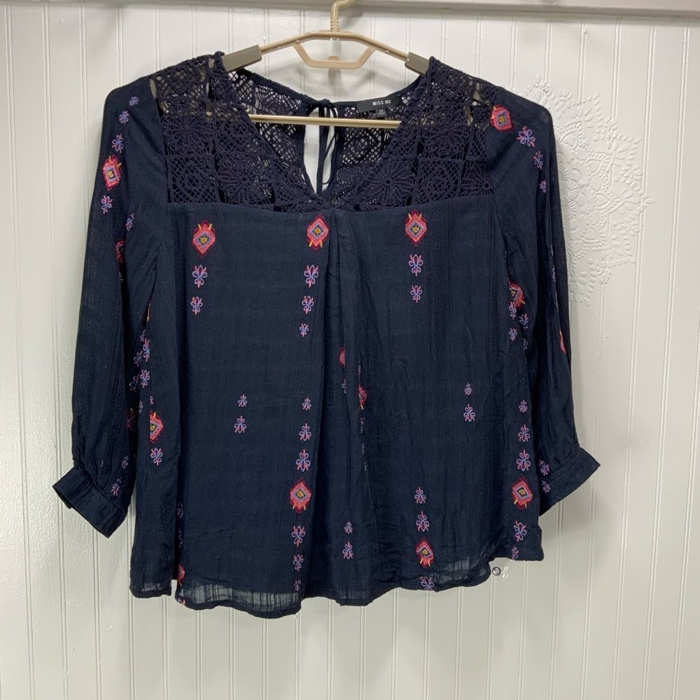 Miss Me Navy Blue Embroidered Crochet Yoke Blouse